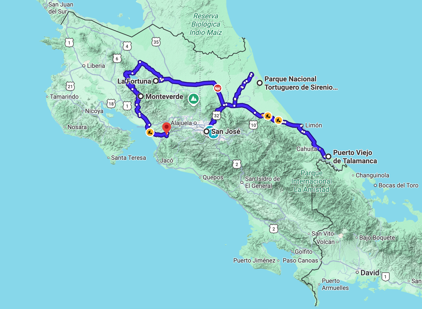 Mapa de la ruta por Costa Rica